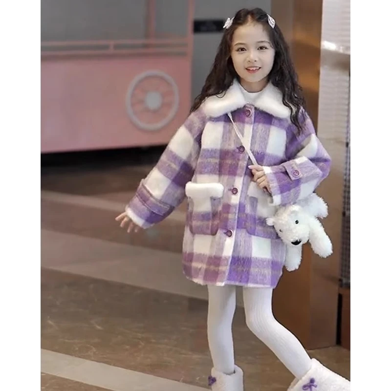 女童呢大衣秋冬装时尚新款女童韩版洋气加棉加厚格子外套冬季保暖