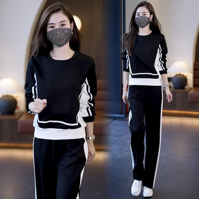 时尚套装大码女装春秋新款韩版显瘦气质拼接长袖裤子休闲两件套女