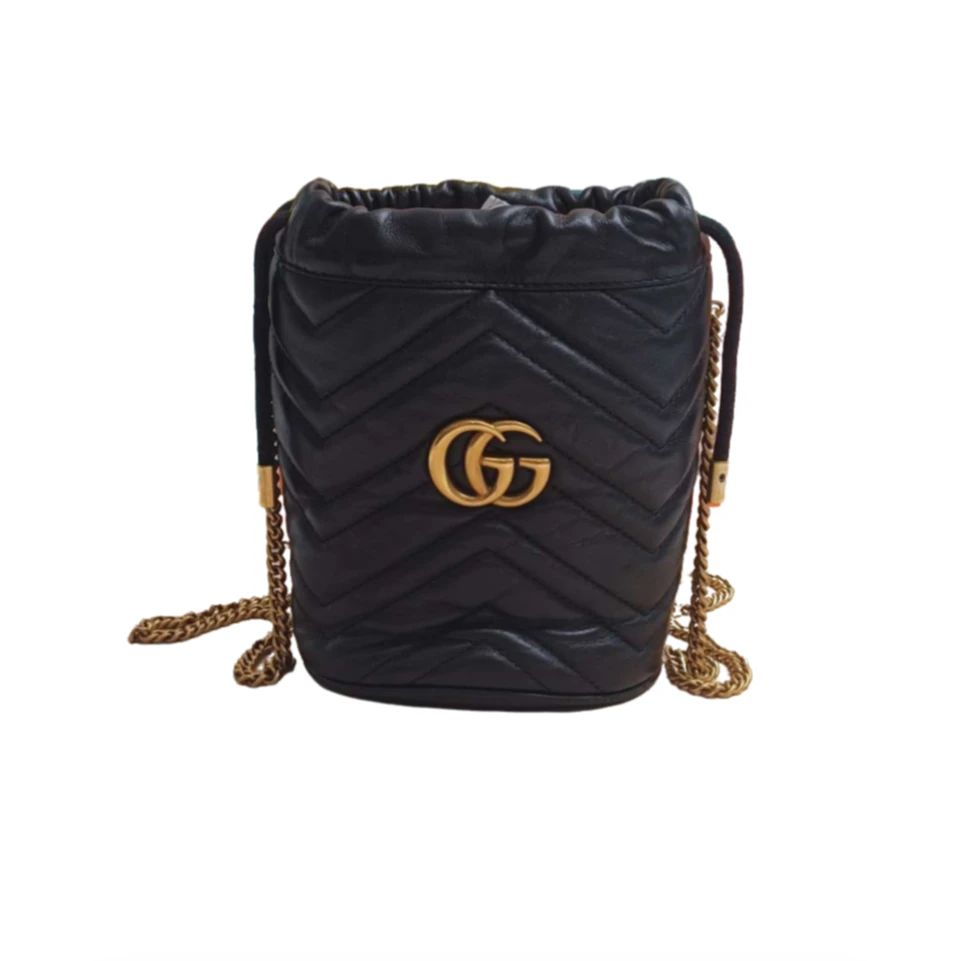 95新 GUCCI/古驰 马蒙水桶/单肩/黑色/黑金经典斜跨短款肩包女士