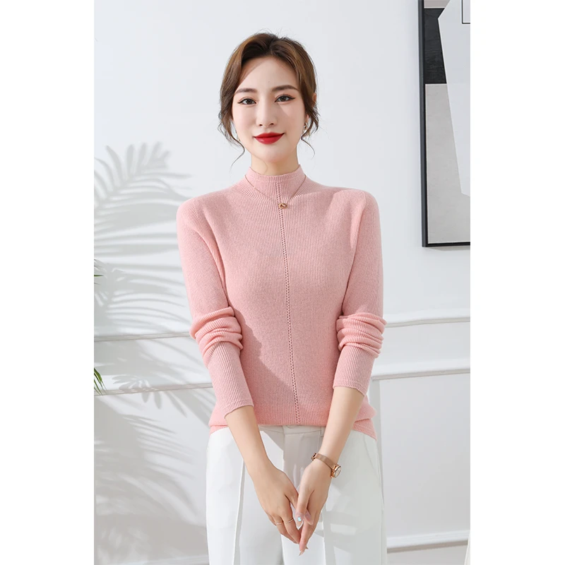 美利奴羊毛228077春季新品女士修身半高领弹力衫百搭纯色针织套头