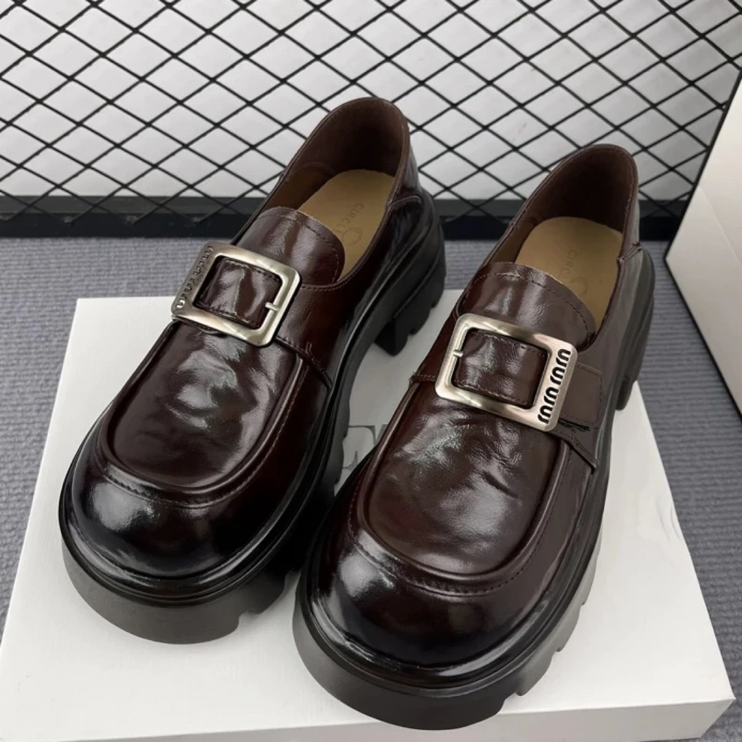 2024秋季新款套脚厚底增高粗跟乐福鞋女真皮英伦风百搭舒适单鞋女