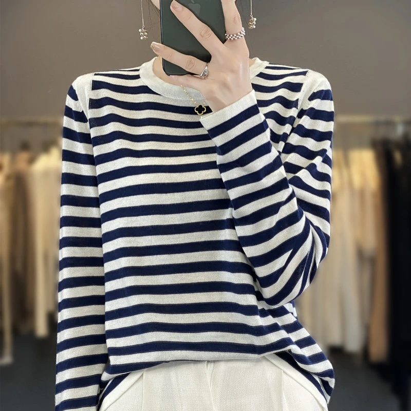 精纺绵羊毛圆领撞色长袖针织衫薄款条纹宽松套头内搭打底衫女