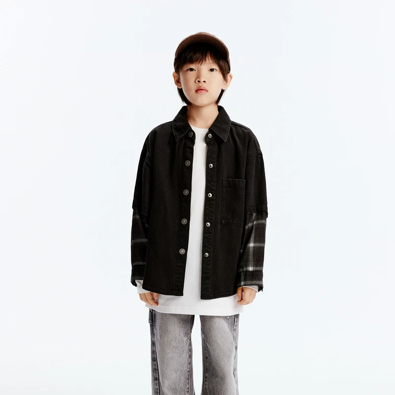 莱赛尔衬衫-littlemoco童装24秋装新款假两件牛仔外套#KBD3SHT013