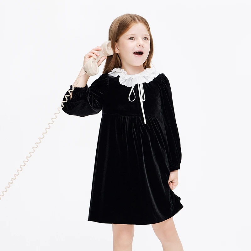 拜年服littlemoco女童装秋冬丝绒中长款连衣裙礼服裙#KBB4DRS022