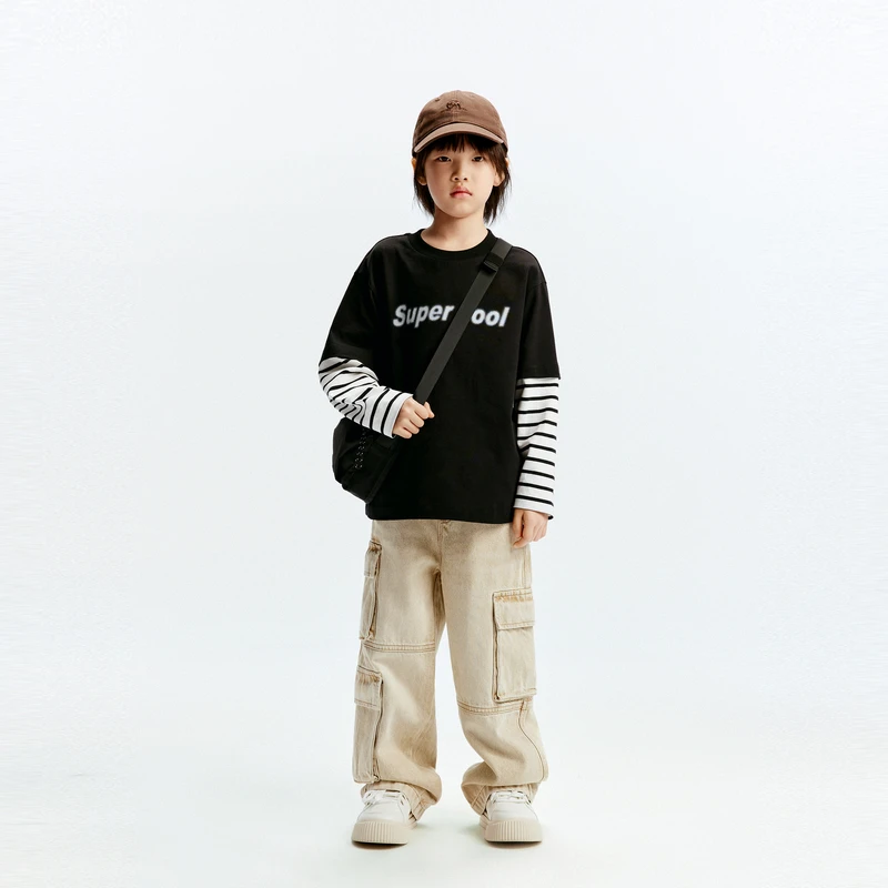 littlemoco童装24秋装新款男童假两件条纹长袖T恤#KBD3TEE014