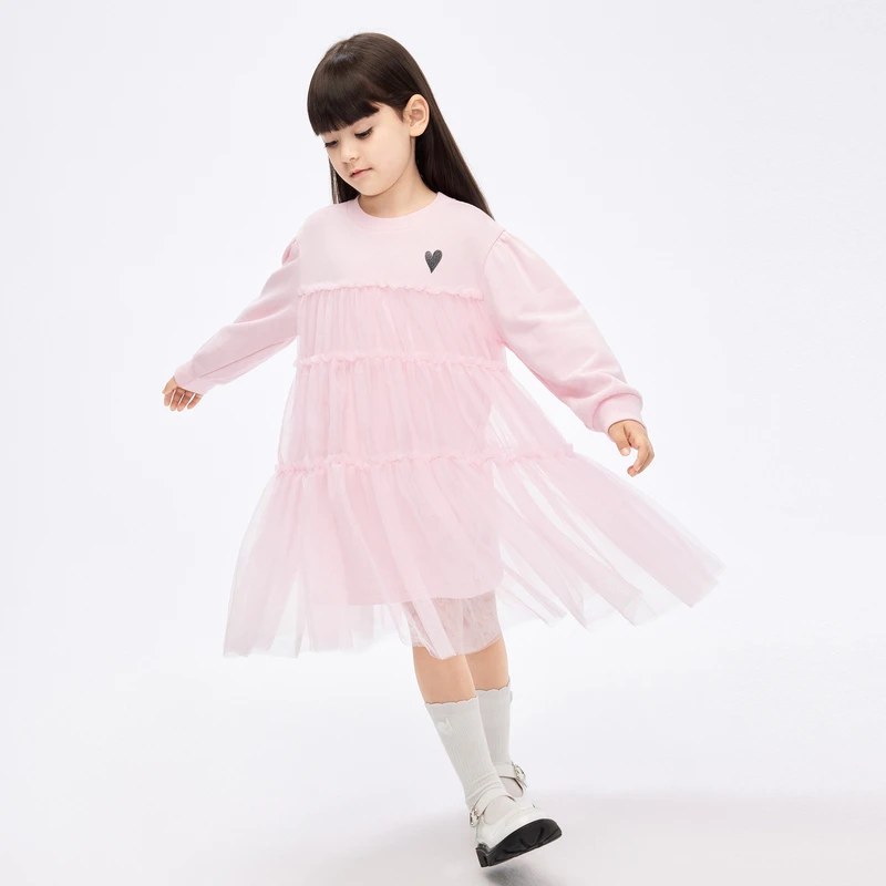 littlemoco童装春秋女童初秋长袖卫衣拼接网纱连衣裙#KBD1DRST02