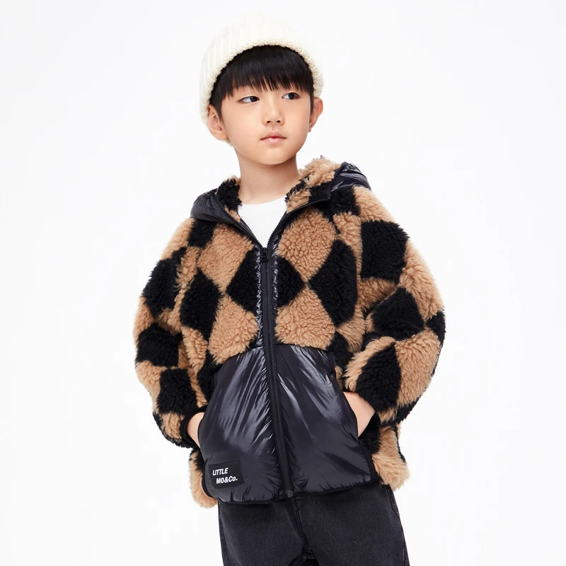 little moco童装冬装新款男女童仿羊羔毛菱形格外套#KBB4COTT05
