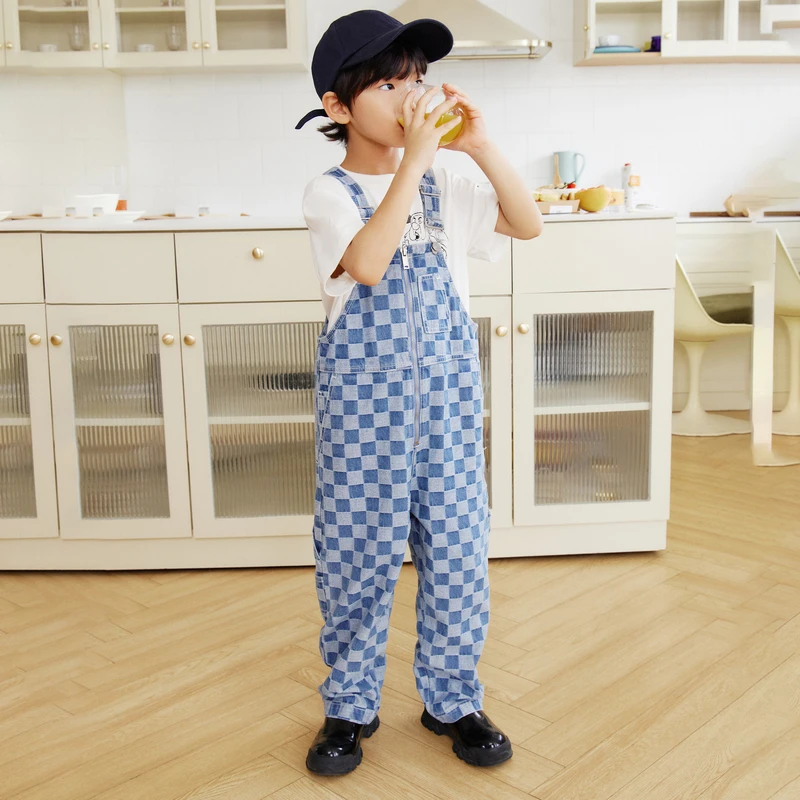 little moco童装秋装新款男女童棋盘格牛仔背带裤#KBB3JPS002