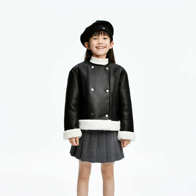 littlemoco童装24冬装新款女童仿羊羔毛皮衣机车夹克#KBD4COTT07