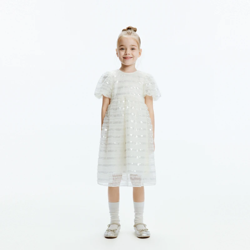 littlemoco童装秋装新款女童泡泡袖珠片绣连衣裙子礼服演出服