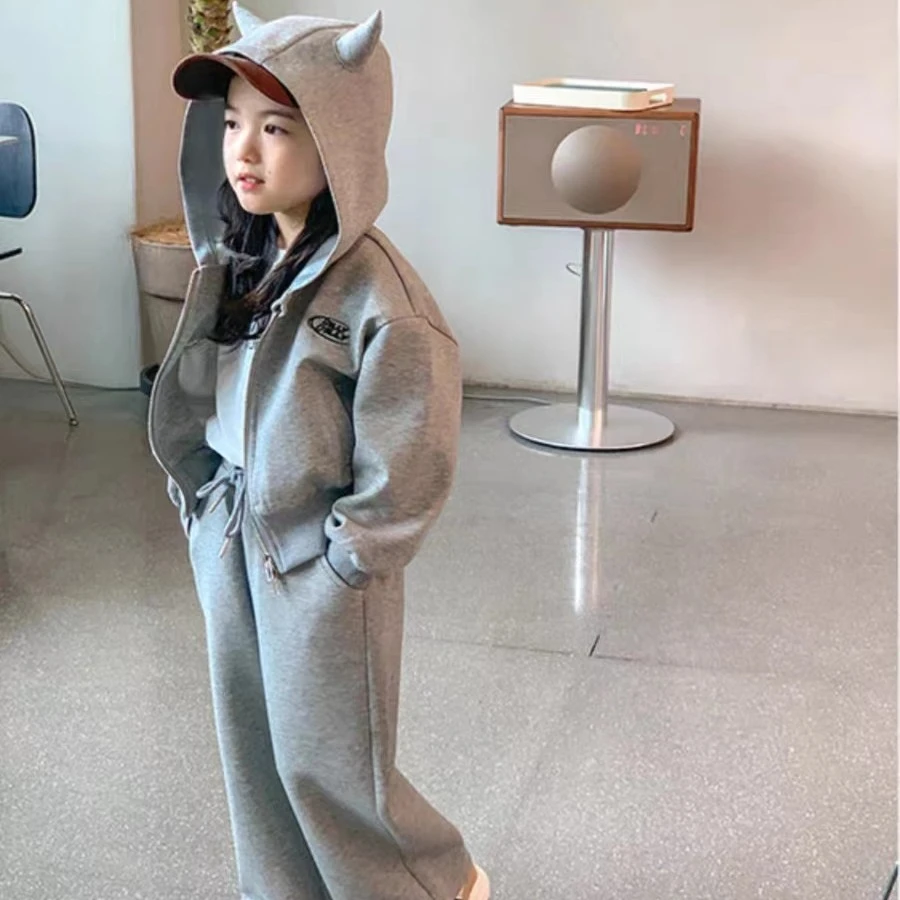 现货Y-N103【阿楠家甄选】女童春秋纯色连帽外套裤子两件套