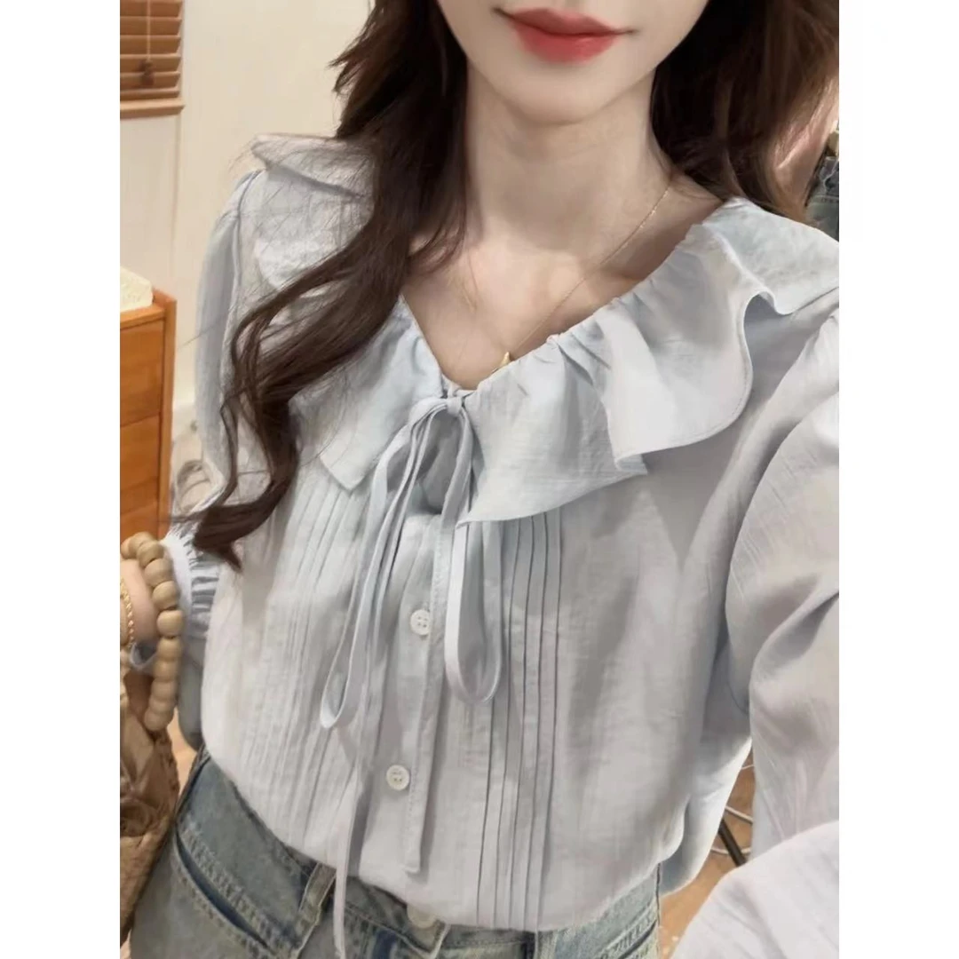 【五分糖】v领荷叶边绑带风琴褶气质衬衫女宽松休闲灯笼袖衬衣