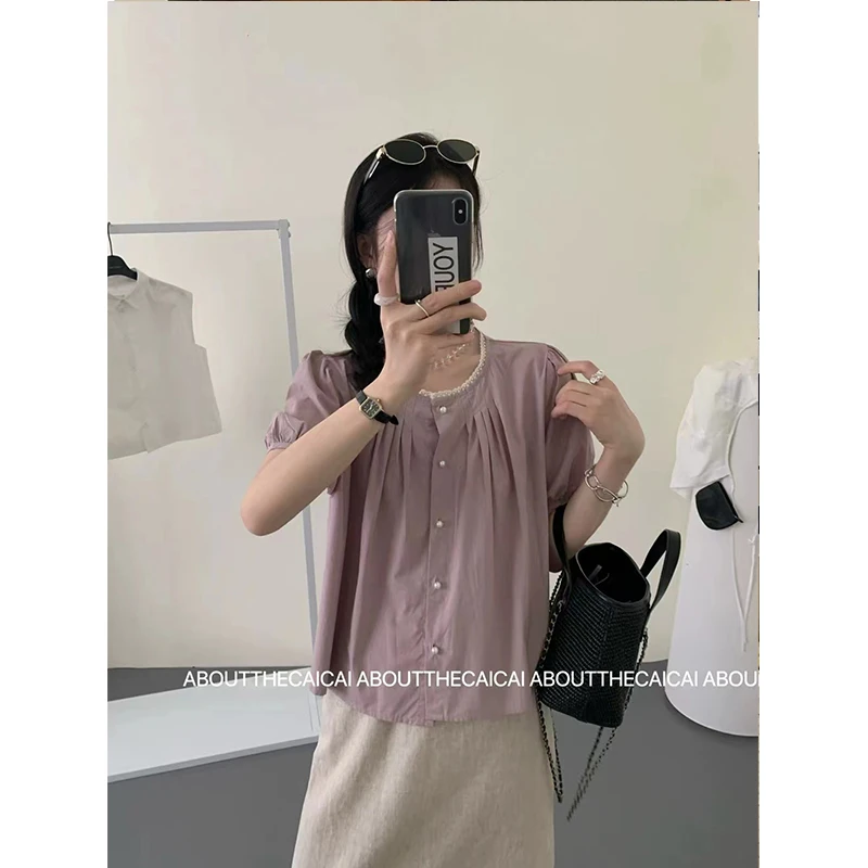 【超值捡漏】韩系简约ins温柔风珍珠扣短袖衬衫女夏季显瘦短款上衣