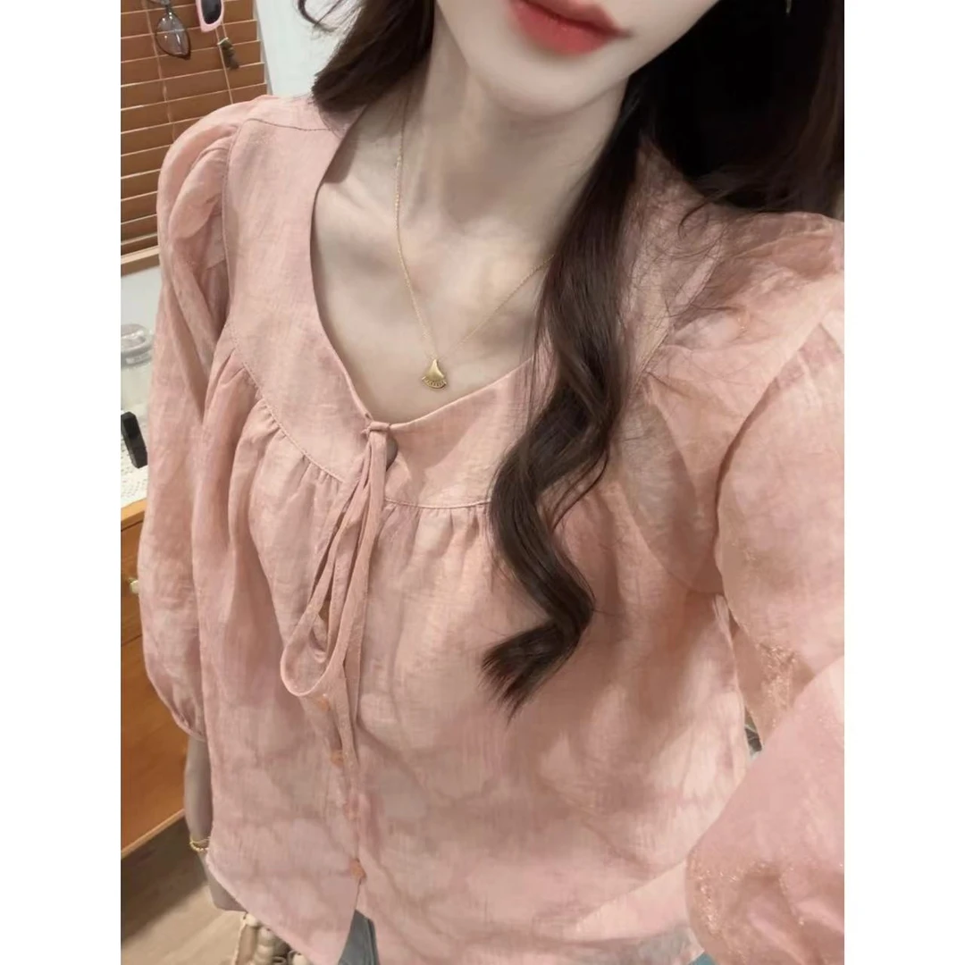 【五分糖】七分袖温柔甜美风褶皱系带衬衫女设计感