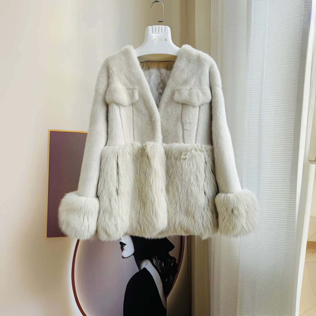 珍珠V领狐狸毛下摆2024进口水貂皮草天鹅绒短二整貂网红直播福利