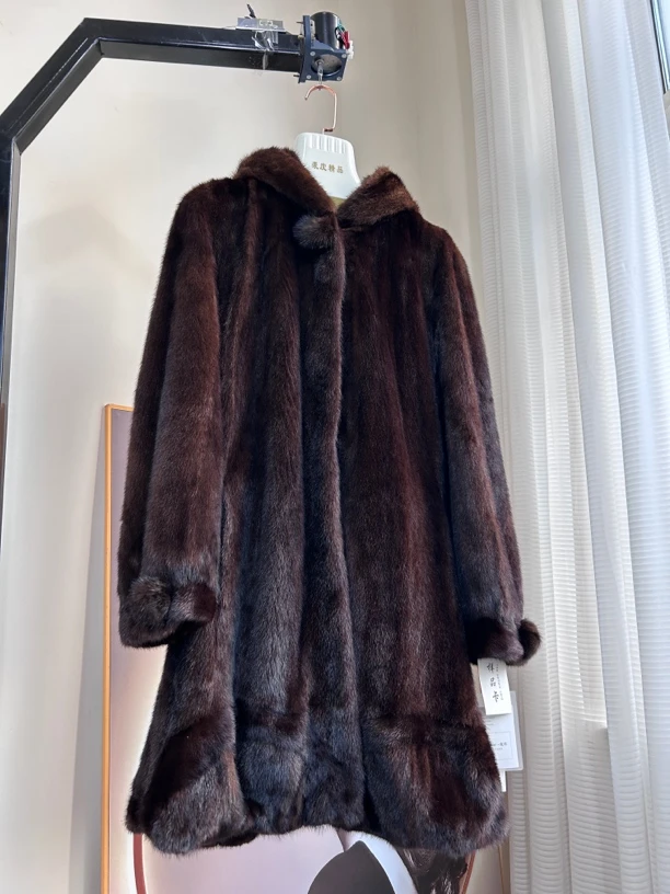咖啡原色全抽刀球球款连帽2024冬季新款女款网红直播间水貂大衣