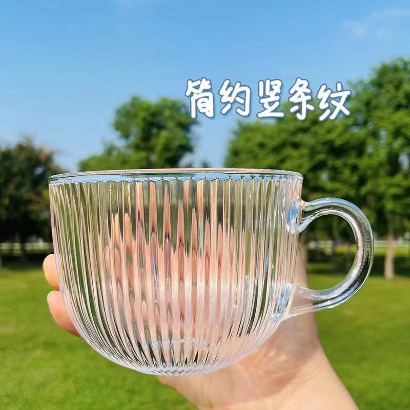 早餐家用咖啡燕麦藕粉冲泡杯带把手水杯大容量条纹牛奶杯厂家直发