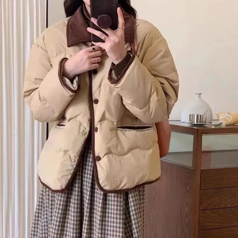轻薄羽绒服女短款拼接灯芯绒小香风2023年新款冬季羽绒服羽
