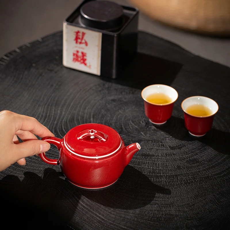 耕道堂-霁红汉瓦壶高温颜色釉景德镇中式传统陶瓷茶器轻奢礼盒装