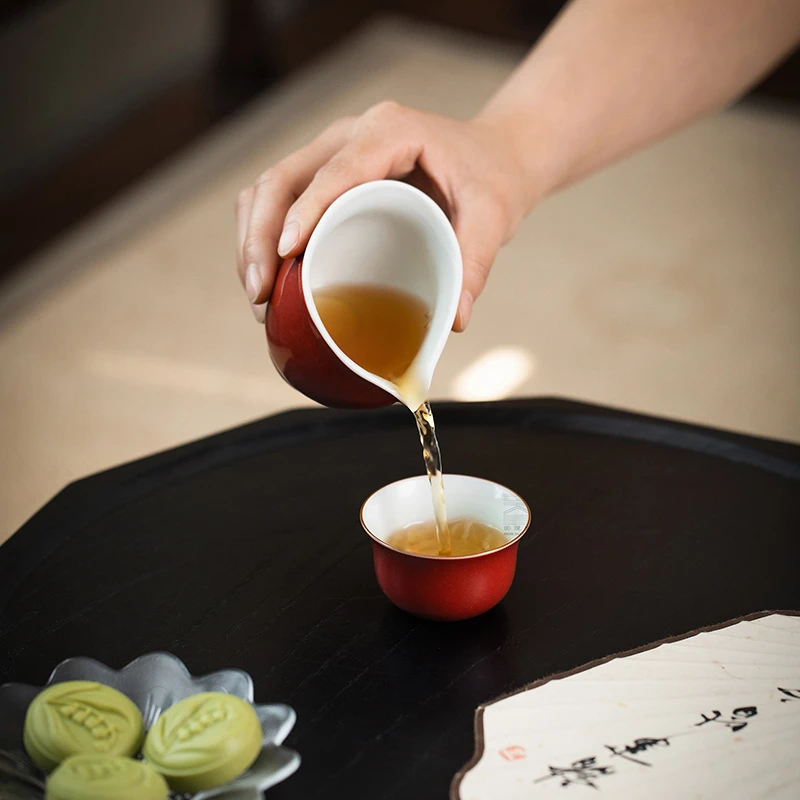 耕道堂霁红釉陶瓷优品-月半公道杯纯手工中式茶道公道杯