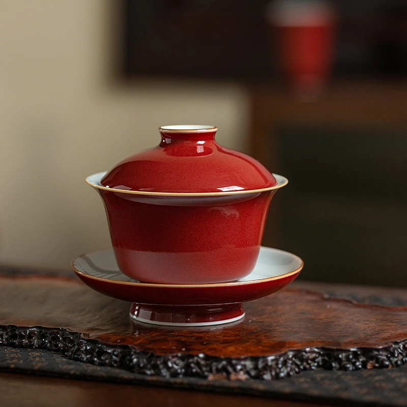 耕道堂霁红釉陶瓷优品-春风得意三才盖碗