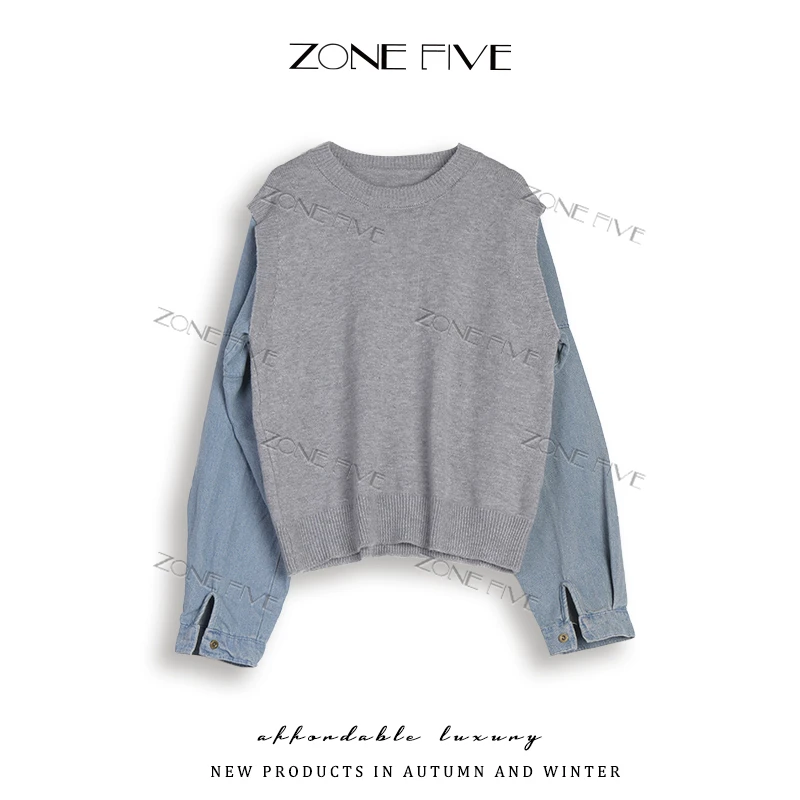【zonefive】3501针织衫圆领长袖上衣毛衣纯色拼接牛仔袖套头女