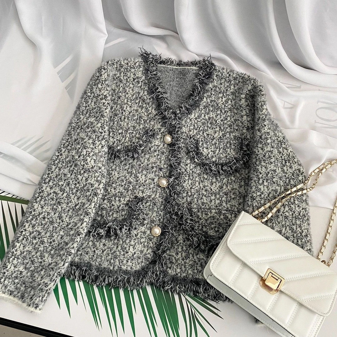 2168小香风时尚百搭双面绒外套韩版宽松外套开衫毛衣气质