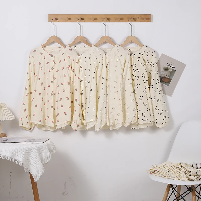 女款绉布睡衣纯棉圆领家居服春秋长袖长裤两件套全棉纱布碎花套装