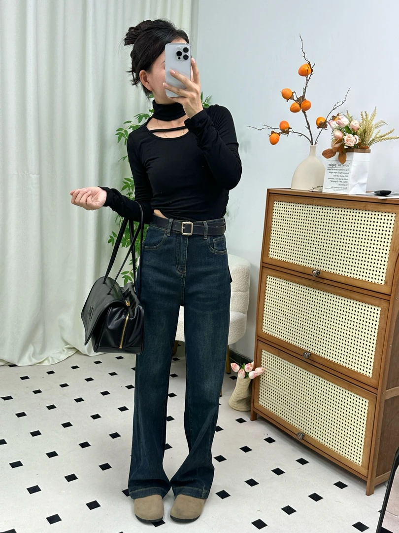 24款气质韩版高腰显瘦百搭时尚修身窄版秋季设计感直筒牛仔裤A850