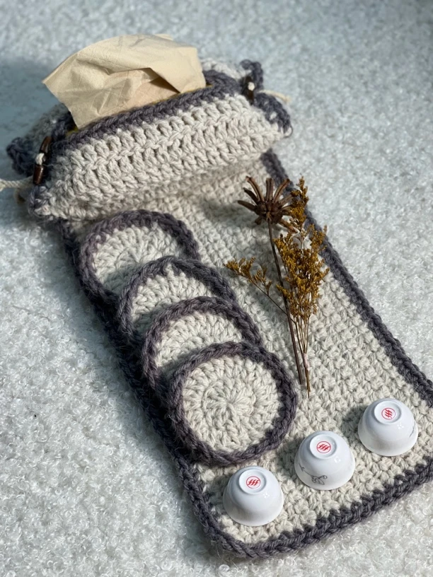 纯植物染色牛羊毛手工钩织的杯垫套盒6件套