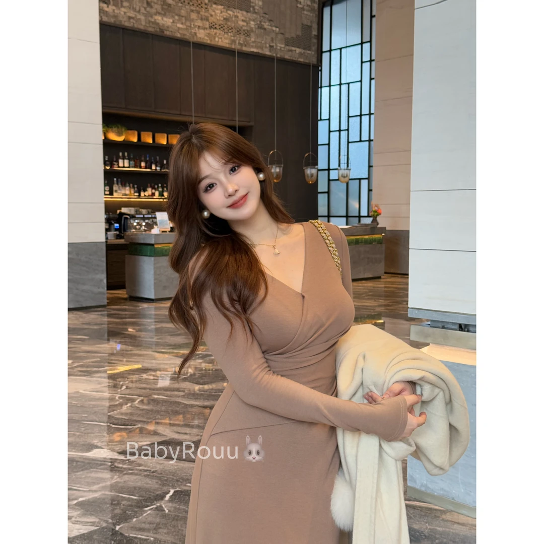 baby rouu【现货】【缪斯之语】温与柔交叉V领修身洋气性感长袖连衣裙