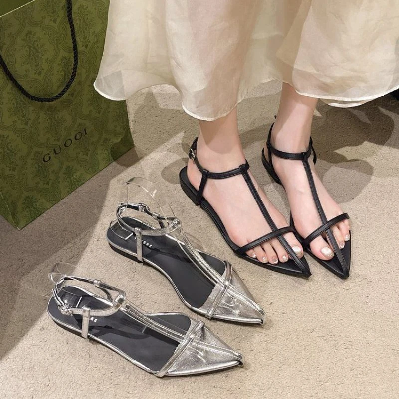 小众法式平底银色气质细带凉鞋仙女鞋子2024年新款夏季沙滩罗马鞋