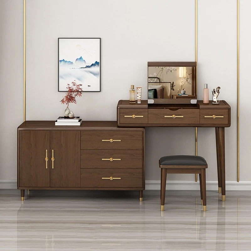 实木翻镜梳妆台卧室斗柜一体转角化妆桌大容量收纳柜储物柜写字台