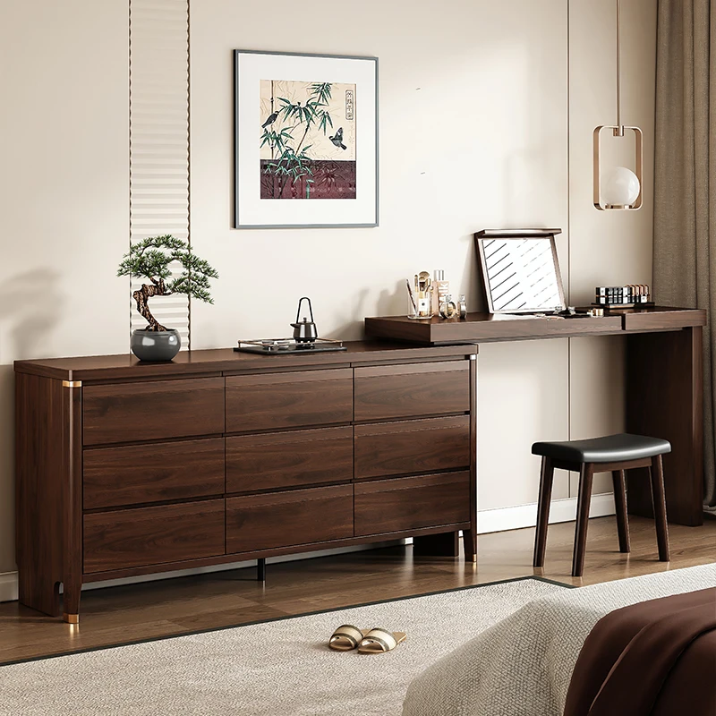 实木梳妆台卧室床尾斗柜一体收纳柜客厅大容量储物柜翻镜化妆桌子