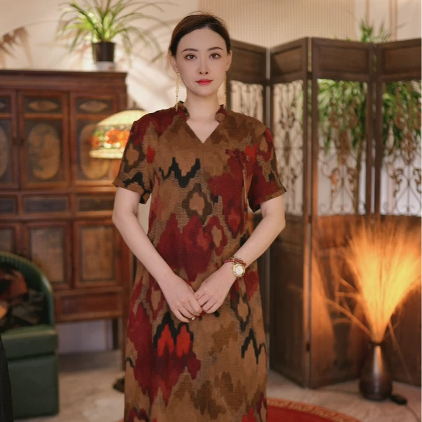 【十三仪】新中式桑蚕丝香云纱冠乐绉花萝连衣裙ZYL-24JC5015