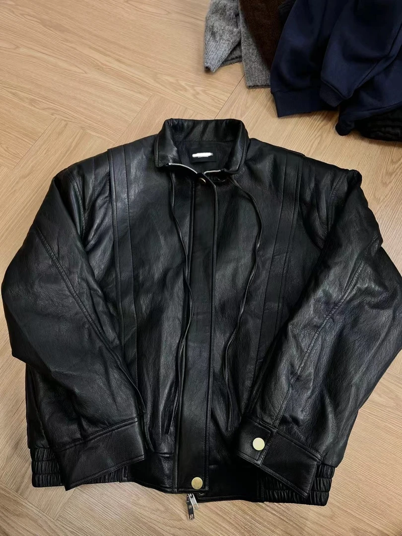 纯色立领设计感抽绳皮衣外套 秋NEW款