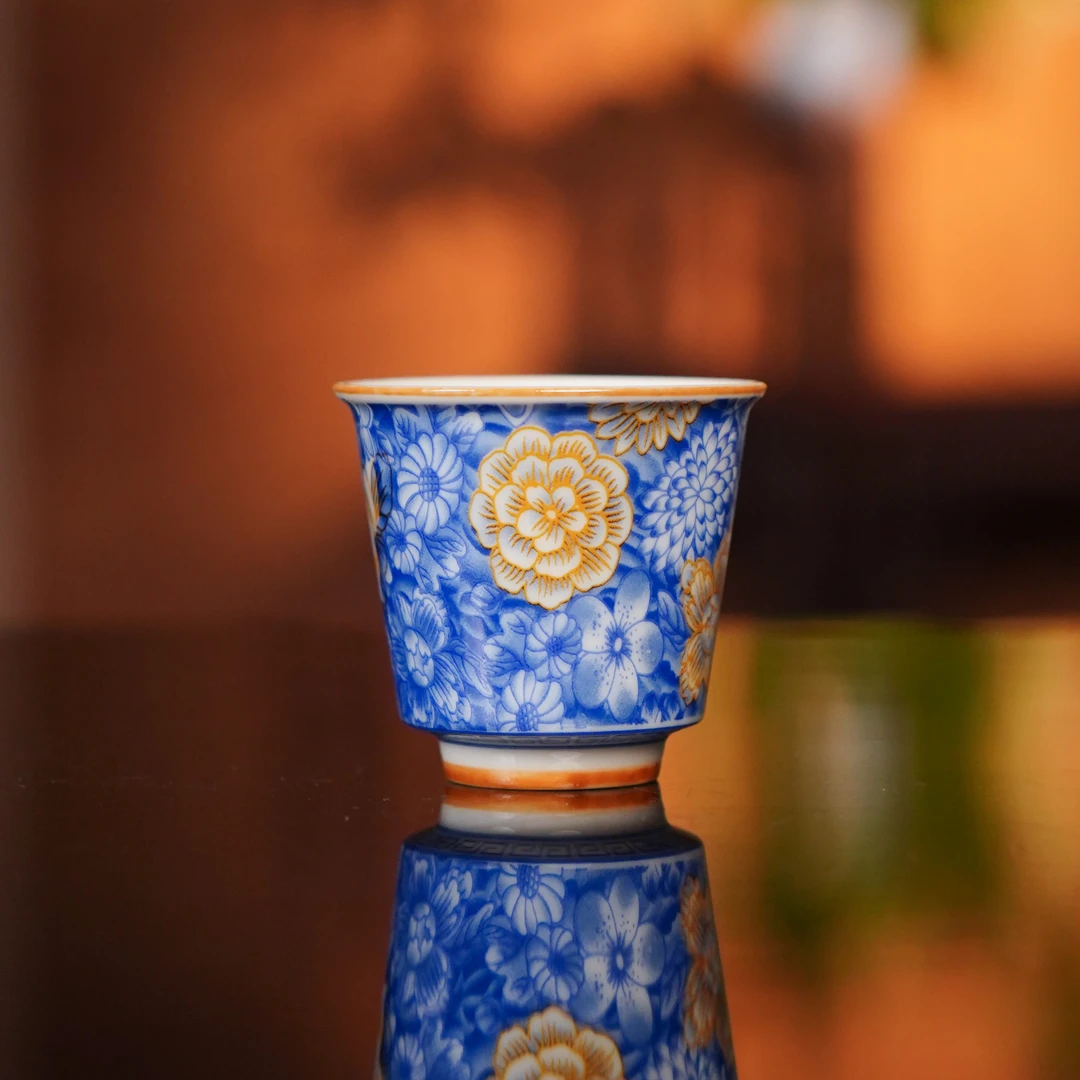 伴斤茶舍   青花蓝地万花团花单杯   功夫茶具茶配茶具