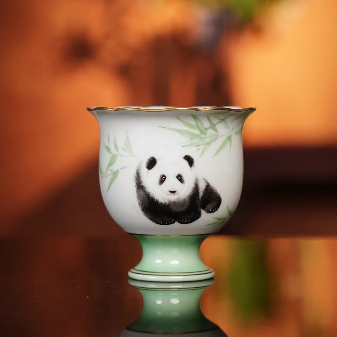 华隐堂   高脚杯熊猫2  茶具茶杯纯手绘陶瓷纯手工  HYT2820银