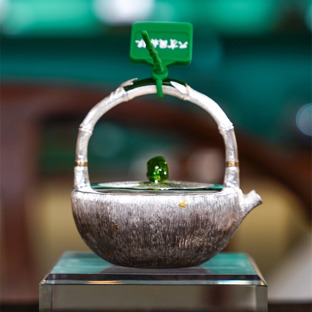 呆坐    整敲竖纹贴金观沧海提梁壶    茶具中式茶道手工银壶银