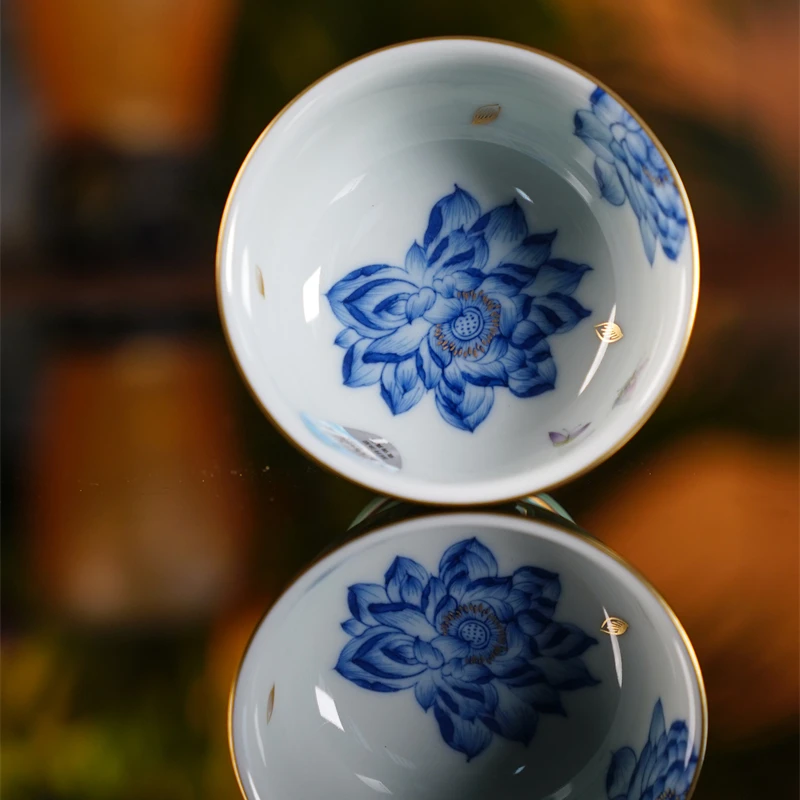 华隐堂   碧绿一束莲花蝴蝶高足杯   茶具茶道手工主人杯手绘