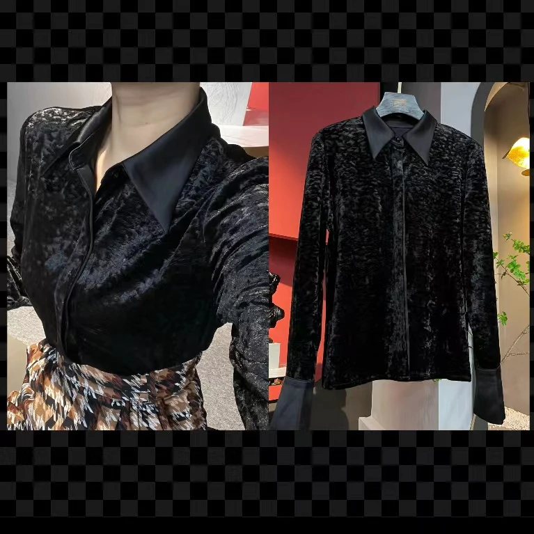 曹掌柜女士气质高ding秋冬新款进口压花丝绒长袖衬衣（特价处理）