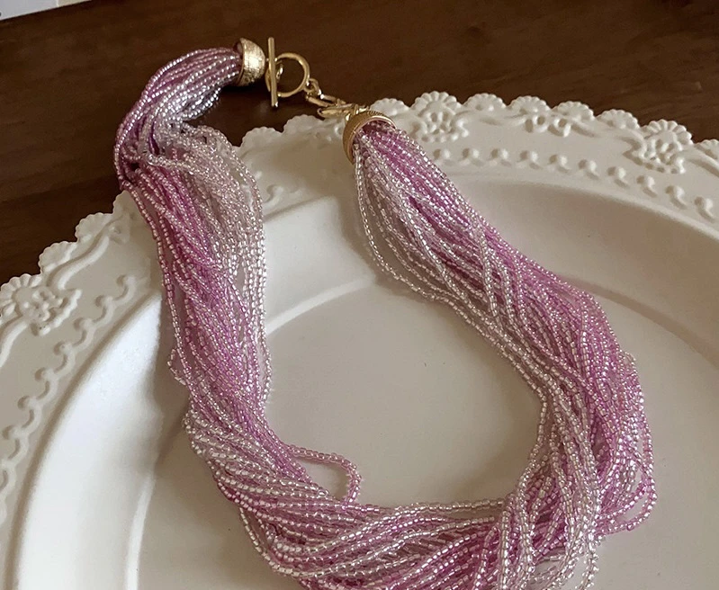 铜合金项链 1781编织法式彩色粉色佛罗伦萨米珠多层1577