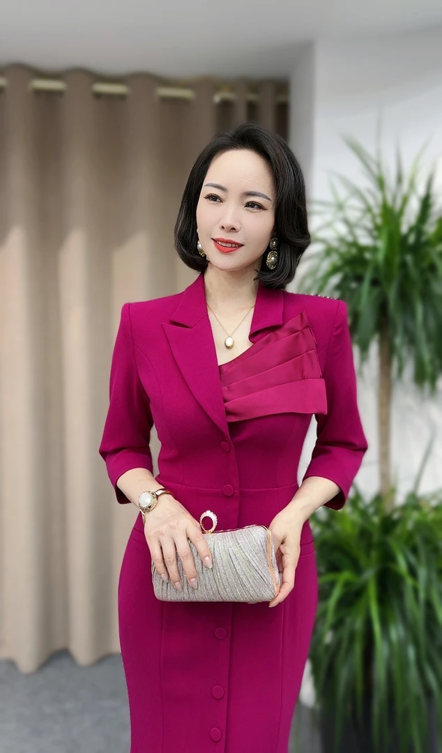 红印象喜妈妈喜婆婆气质端庄优雅显瘦玫红色婚宴礼服