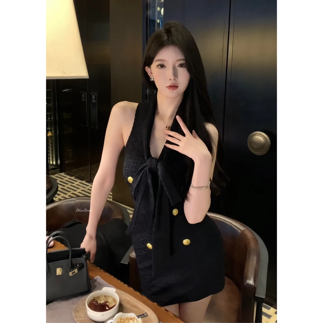 现货暴暴家 名媛重工黑金提花暗纹飘带無袖针织连衣裙 B0563