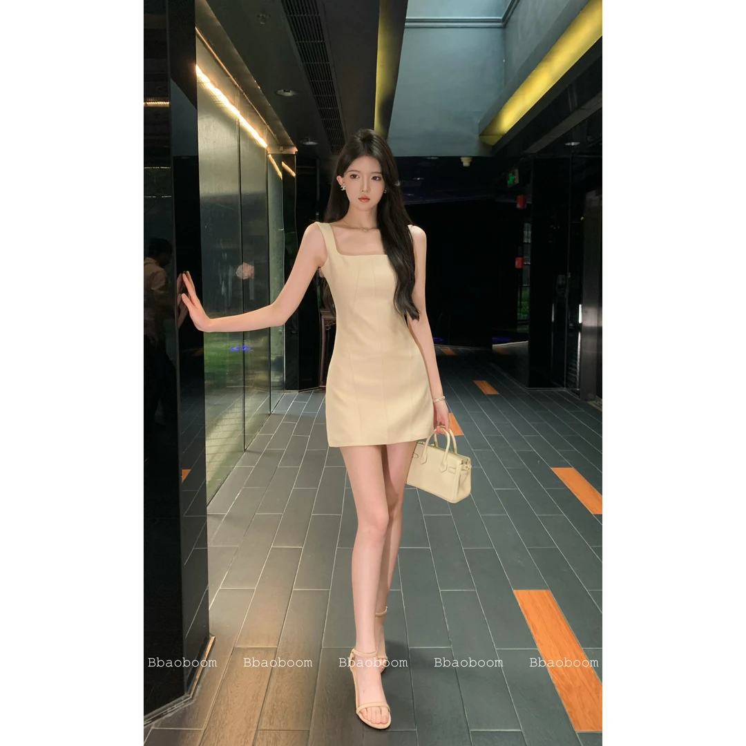 现货暴暴家 高级方领显白法式修身显瘦连衣裙 B0604