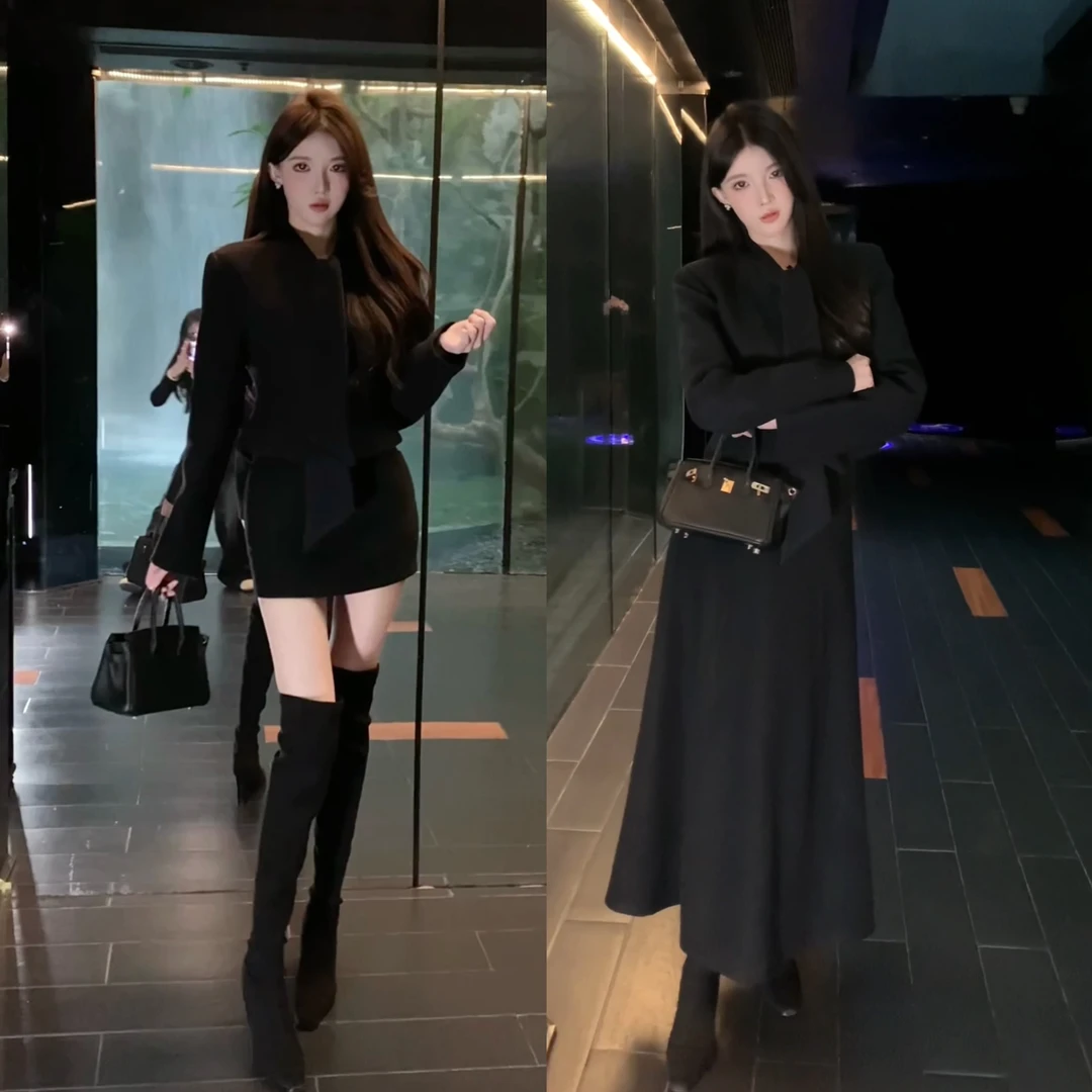 现货暴暴家 气质法式复古厚毛呢收腰领结设计套装 B0802