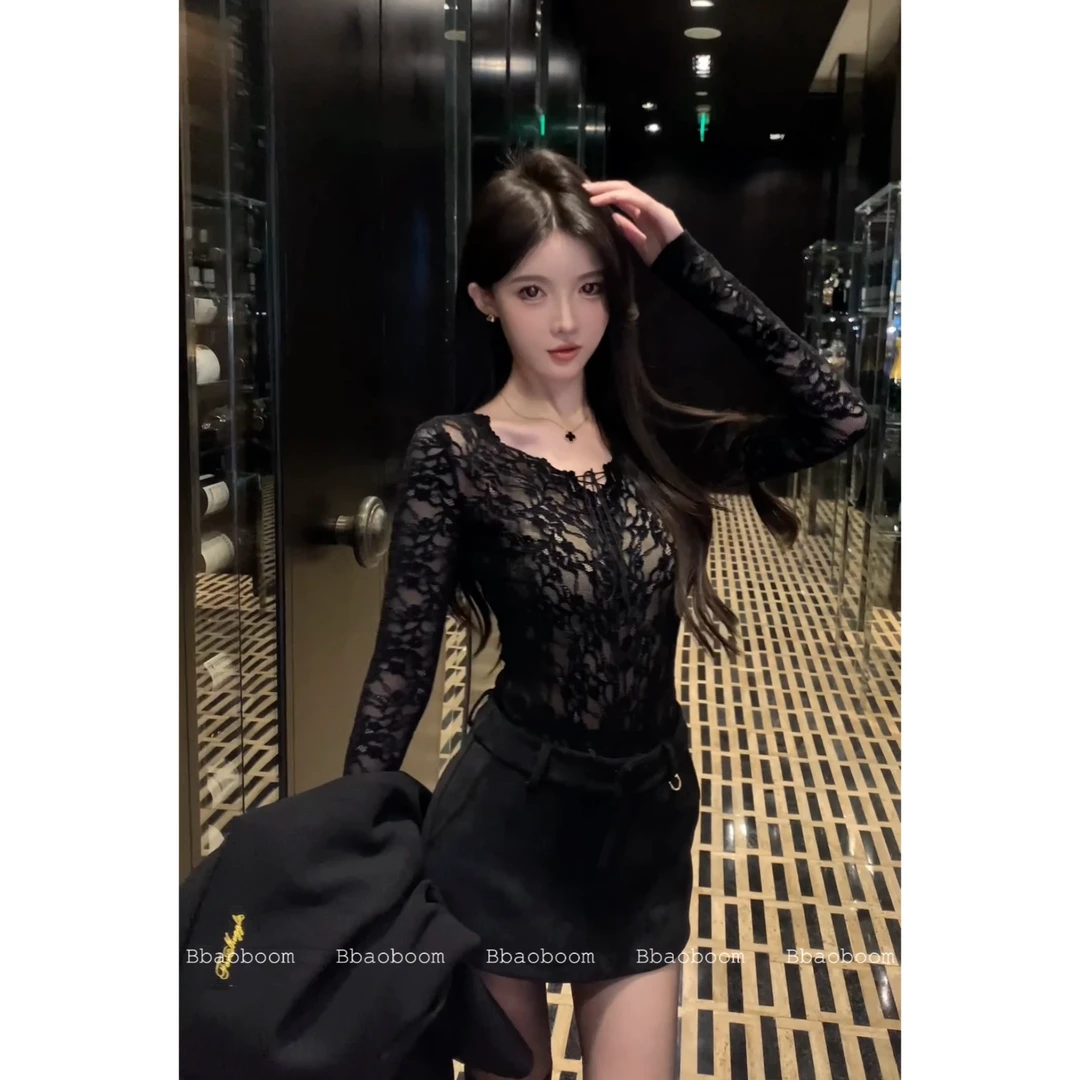 现货暴暴家 单层黑色蕾丝绑带弹力百搭V领上衣B0826
