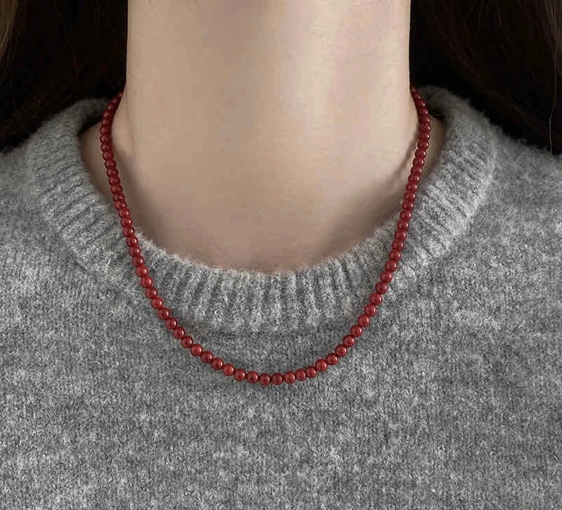 时尚百搭三件套安可拉红6mm元宝扣设计款项链