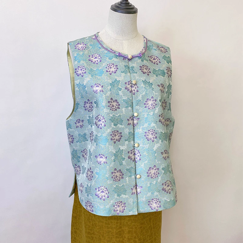 【上久楷-曲水凌波】国风真丝宋锦马甲蓝色对称印花时尚春秋女上衣