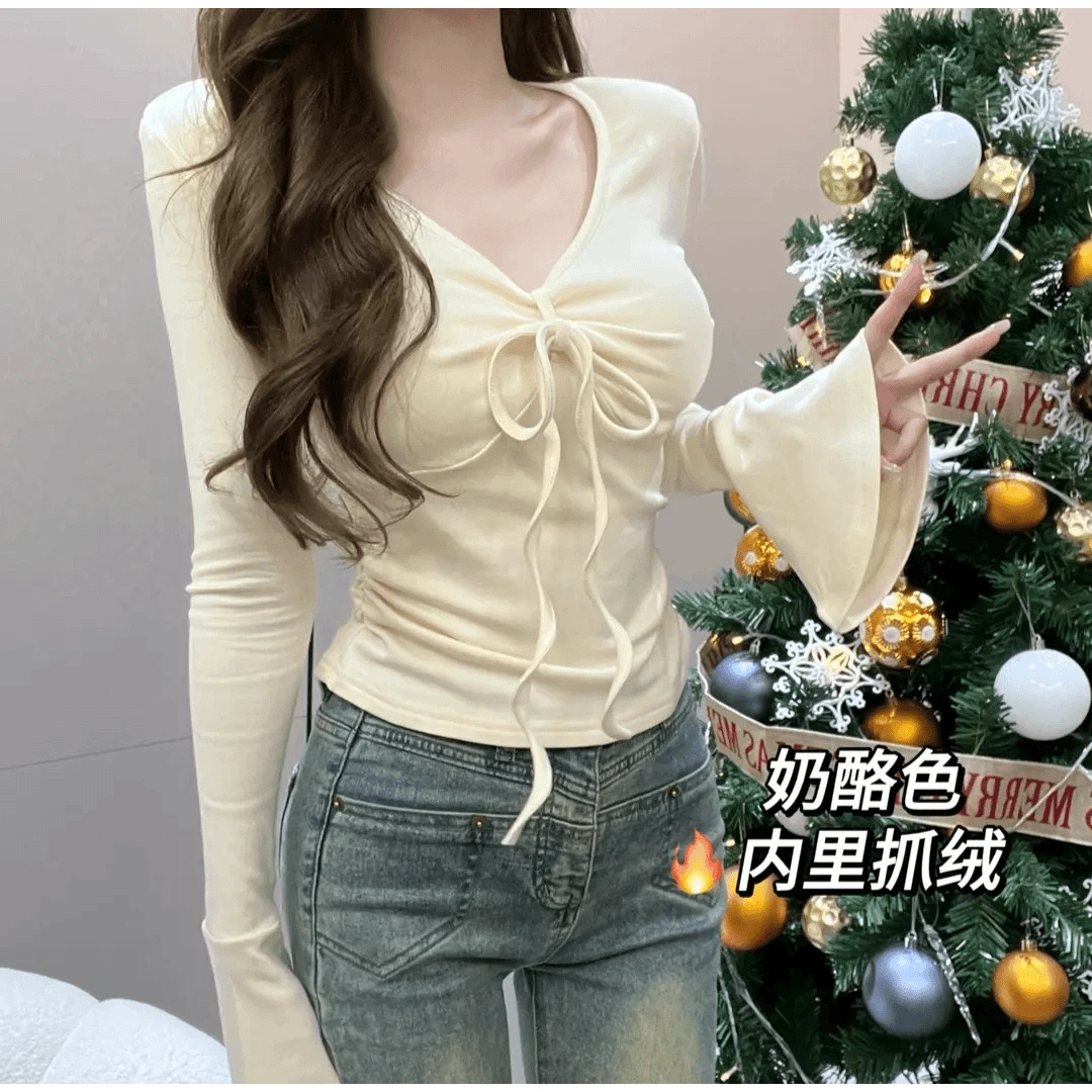 「一件多穿」磨毛T恤胖mmV领系带喇叭袖打底衫女内搭上衣2024秋冬女